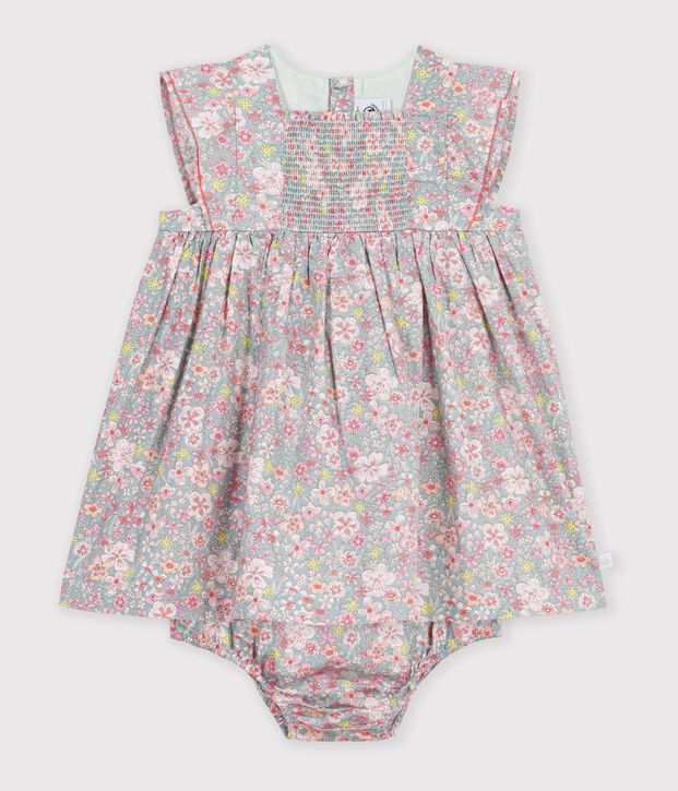 Kurz&auml;rmeliges Babykleid aus Baumwolle und dazu passender Bloomer mit Blumenmuster blau/vielfarbig