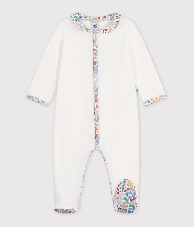 Strampler aus einfarbigem Nicki mit Blumenmotiv weiss