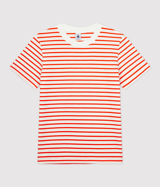 Baumwoll-T-Shirt mit Marinestreifen Damen weiss MARSHMALLOW/ CAROTTE