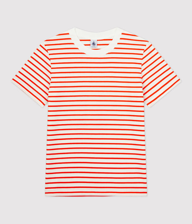 Baumwoll-T-Shirt mit Marinestreifen Damen weiss/orange