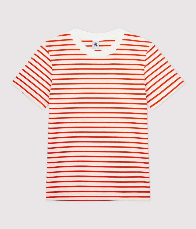 Baumwoll-T-Shirt mit Marinestreifen Damen weiss/orange