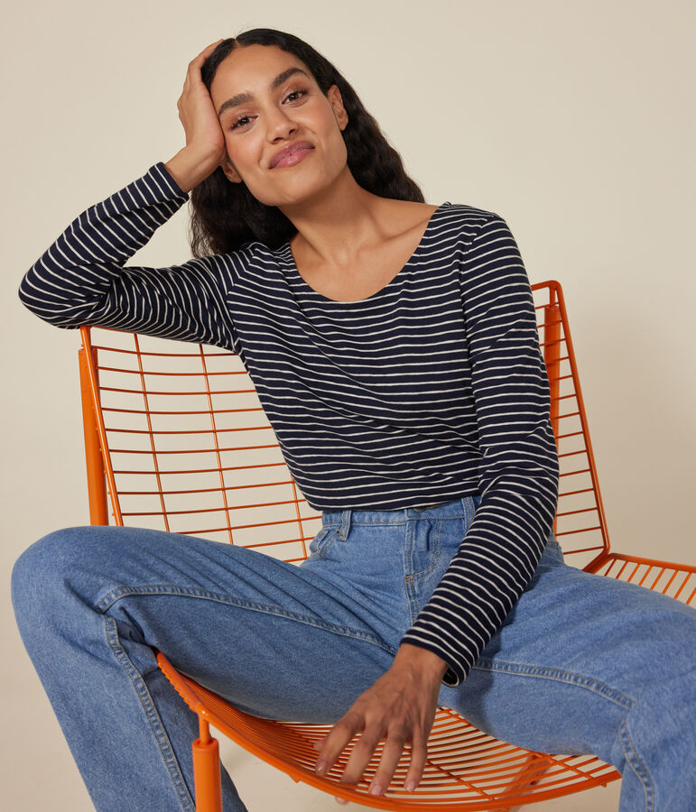 Lang&auml;rmeliges Damen-T-Shirt Le Droit mit weitem Ausschnitt aus geflammten Jersey blau/beige