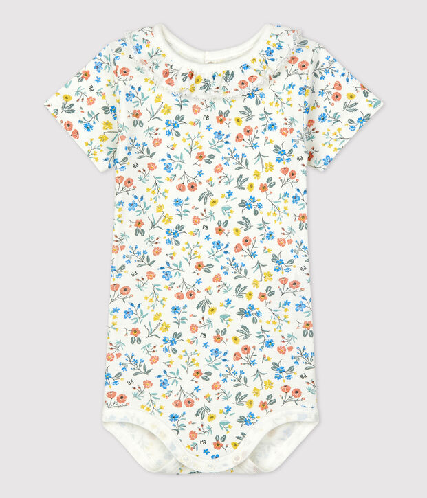 Baby-Body aus Baumwolle mit Blumenmuster und R&uuml;schenkragen weiss/vielfarbig