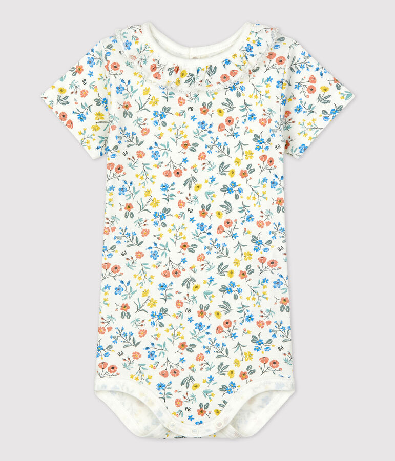 Baby-Body aus Baumwolle mit Blumenmuster und R&uuml;schenkragen weiss/vielfarbig