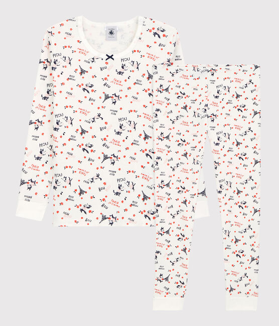 Snugfit-Kinderpyjama aus Bio-Baumwolle mit Paris-Print für Mädchen weiss MARSHMALLOW/weiss MULTICO