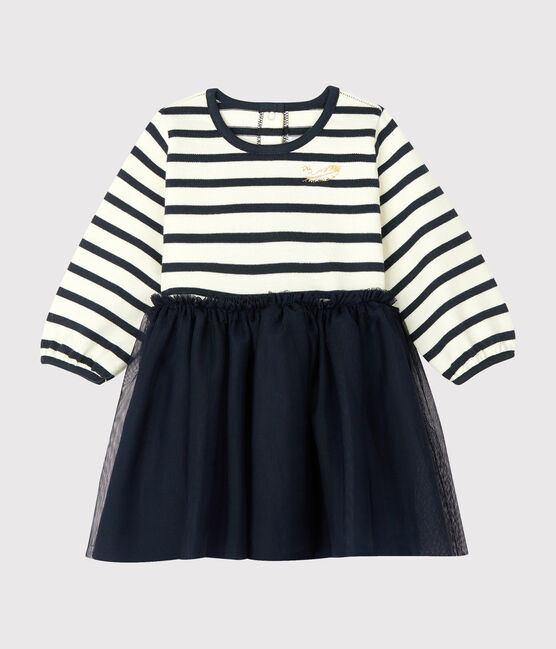 Langärmeliges Kleid für Baby Mädchen beige COQUILLE/blau SMOKING
