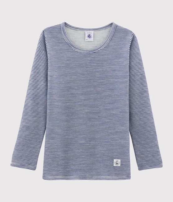 Langärmeliges T-Shirt aus Wolle und Baumwolle mit Ringelstreifen blau MEDIEVAL/weiss MARSHMALLOW