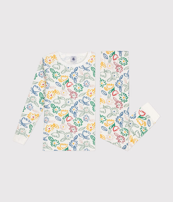 Eng anliegender Kinder-Pyjama aus Baumwolle mit Blumenmotiv weiss MARSHMALLOW/weiss MULTICO