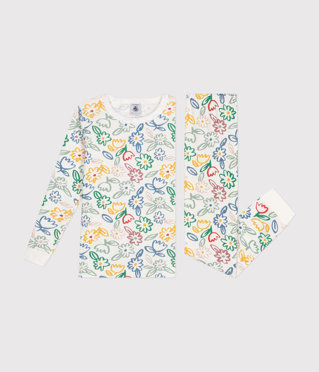 Eng anliegender Kinder-Pyjama aus Baumwolle mit Blumenmotiv weiss/vielfarbig