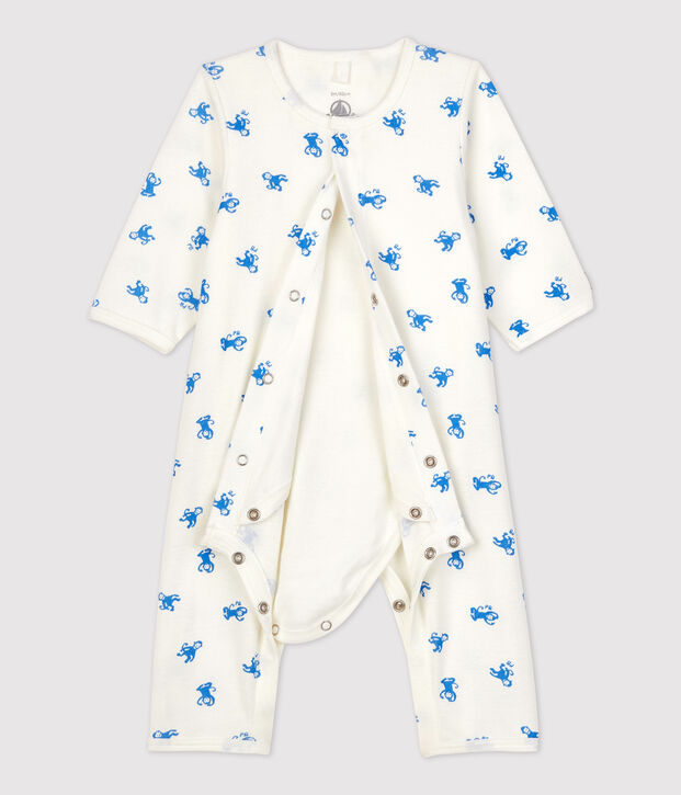 Fu&szlig;loser Baby-Bodyjama aus Bio-Baumwolle weiss/blau