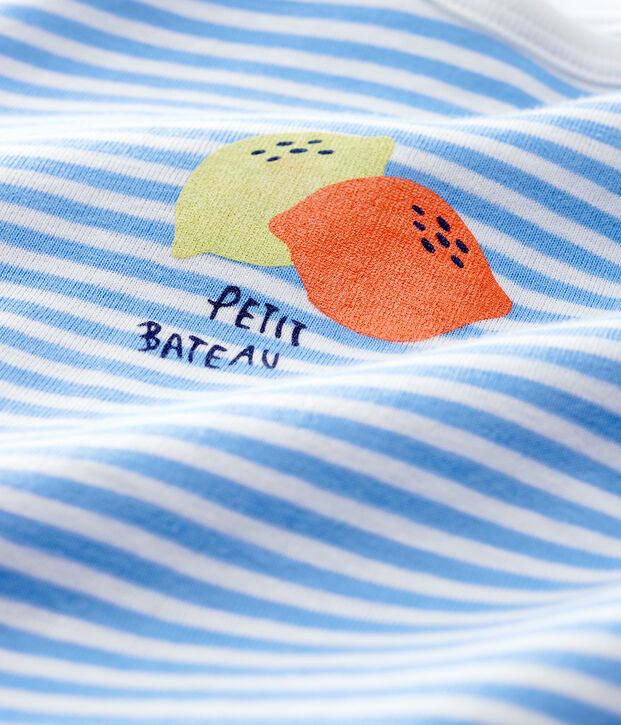 Blau gestreifter Baby-Strampler aus Baumwolle mit Fr&uuml;chte-Motiv blau/weiss