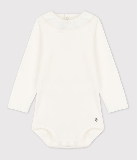 Langärmeliger Baby-Body aus Baumwolle mit Rüschenkragen weiss MARSHMALLOW