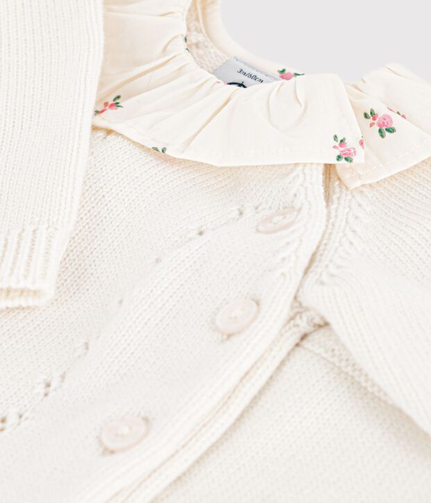 2-teiliges Baby-Set aus Wolle und Baumwolle mit gebl&uuml;mtem R&uuml;schenkragen weiss