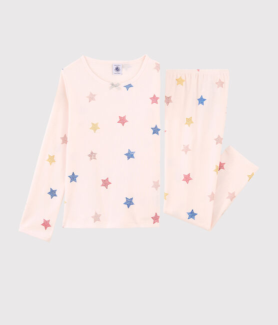 Kinderpyjama aus Rippstrick als Tänzerinnen-Kostüm für Mädchen rosa FLEUR/weiss MULTICO