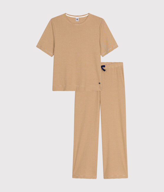 Damen-Pyjama aus gestreifter Baumwolle braun CUIVRE/ MARSHMALLOW