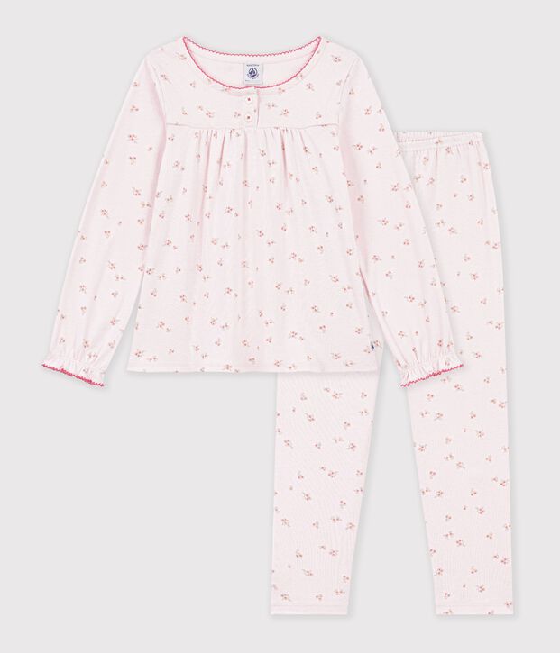 Kinder-Pyjama aus Baumwolle mit Kr&auml;uselfalten und Blumenmotiv rosa/vielfarbig