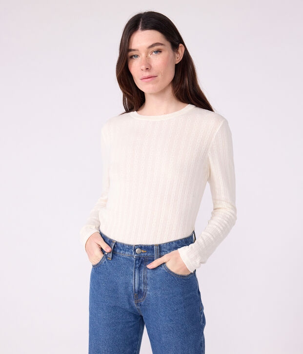 Lang&auml;rmeliges Damen-T-Shirt L&rsquo;Iconique aus Baumwolle mit Lochstickerei MILK