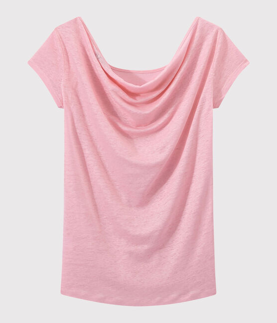 Damen-T-Shirt mit Wasserfall-Ausschnitt aus irisierendem Leinen rosa BABYLONE/grau ARGENT