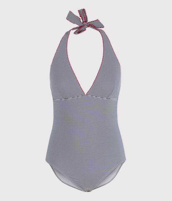 Einteiliger Damen-Badeanzug mit Streifen blau MEDIEVAL/weiss MARSHMALLOW