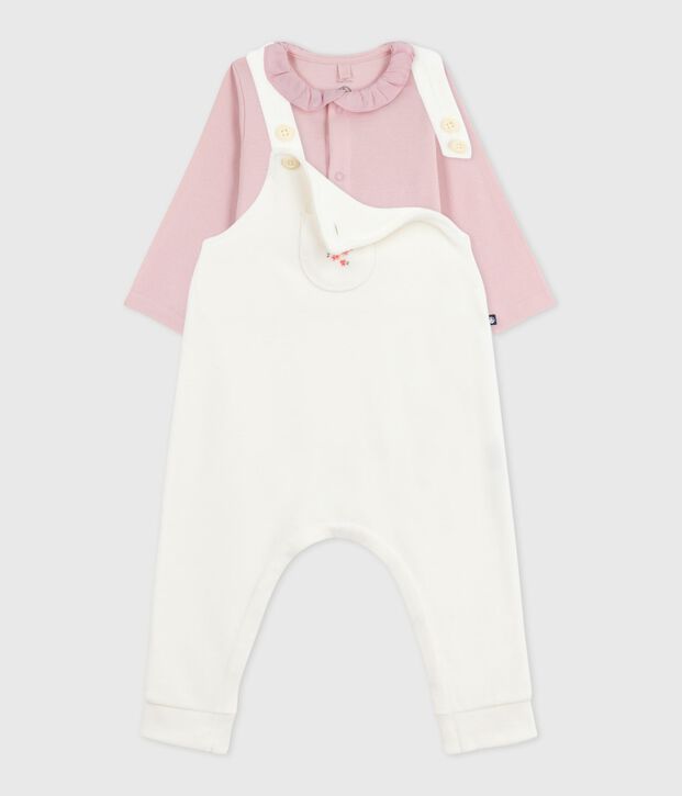 Baby-Latzhosen-Set aus einfarbiger Baumwolle mit h&uuml;bschen Verzierungen naturfarben/rosa
