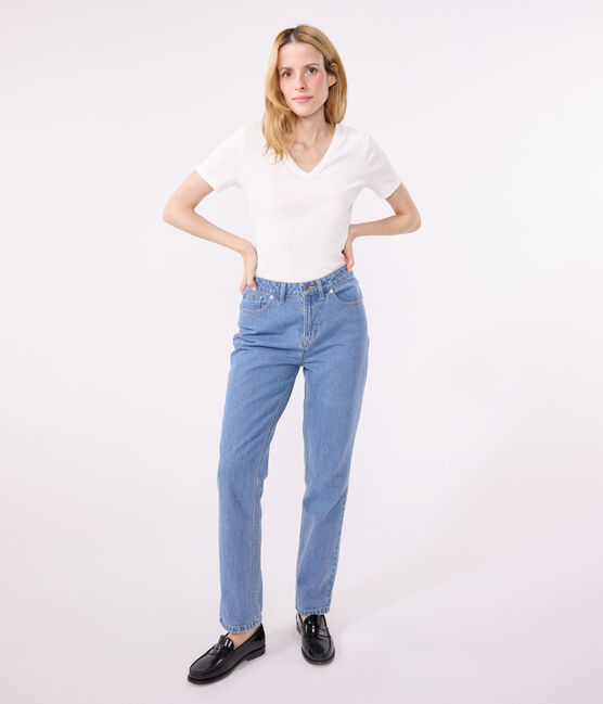Kurzärmeliges Damen-T-Shirt L'ICONIQUE aus einfarbigem Rippstrick weiss ECUME