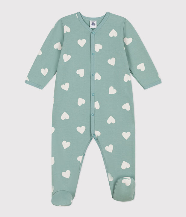 Baby-Strampler mit Herzmotiv aus Molton gr&uuml;n/naturfarben