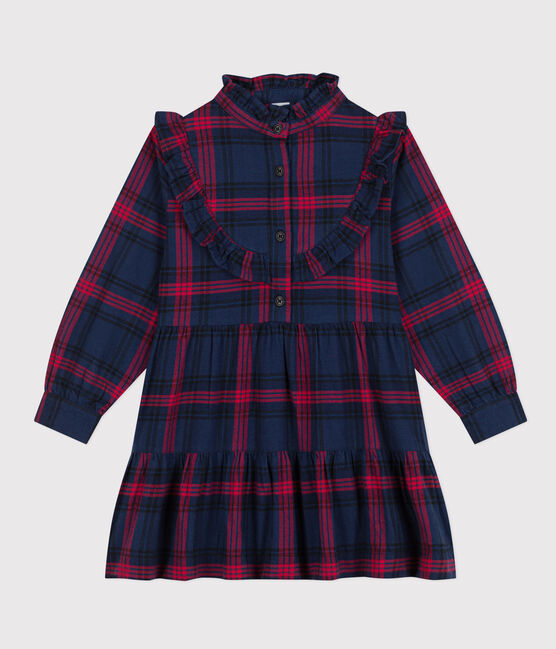 Kinderkleid aus Baumwoll-Flanell mit Karomuster für Mädchen blau SMOKING/weiss MULTICO