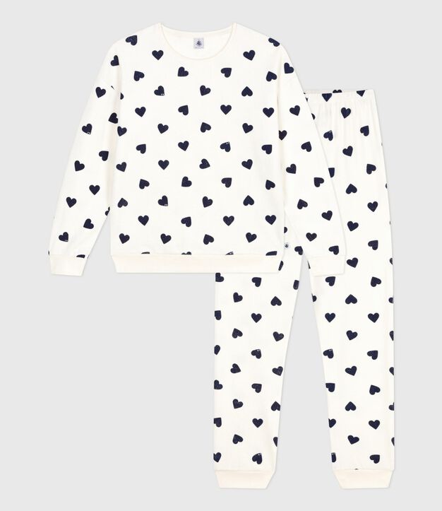 Damen-Pyjama aus Baumwoll-Frottee mit Herzmotiv blau/blau