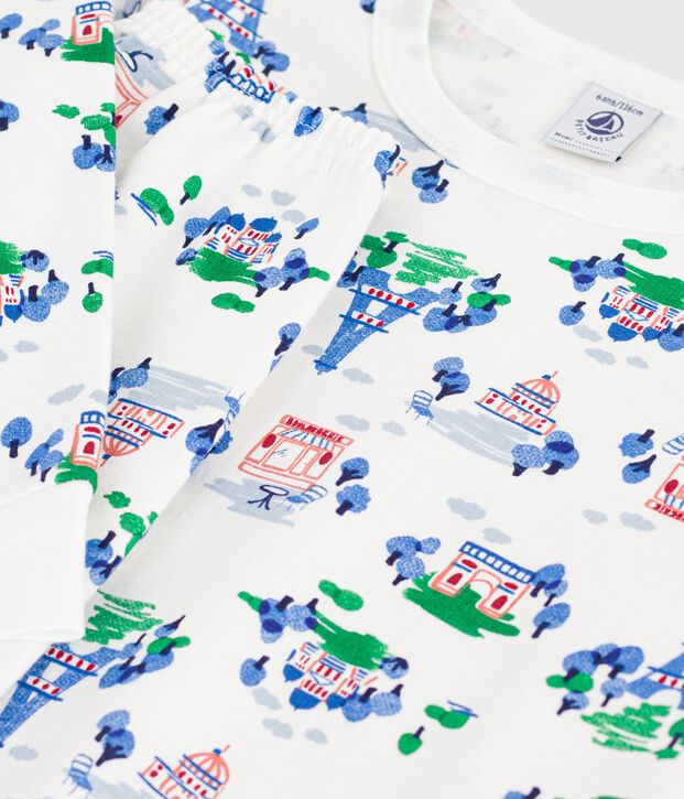Kinder-Pyjama aus Molton mit Paris-Motiven weiss/vielfarbig