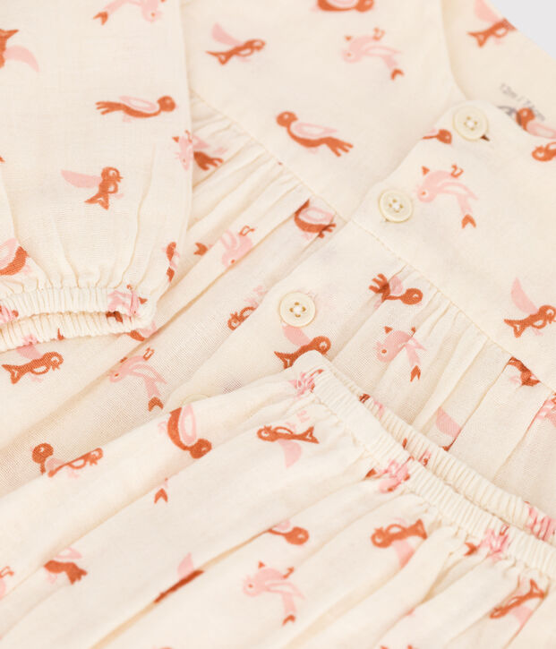 Babykleid mit Bloomers aus Musselin mit Vogelmotiv naturfarben/vielfarbig
