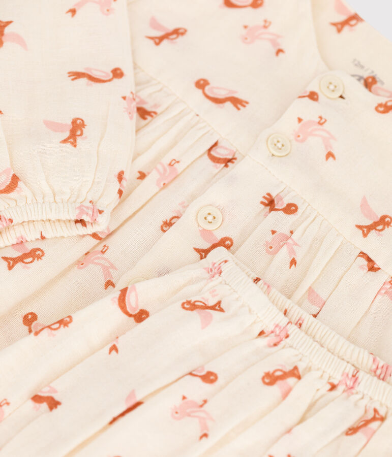 Babykleid mit Bloomers aus Musselin mit Vogelmotiv naturfarben/vielfarbig