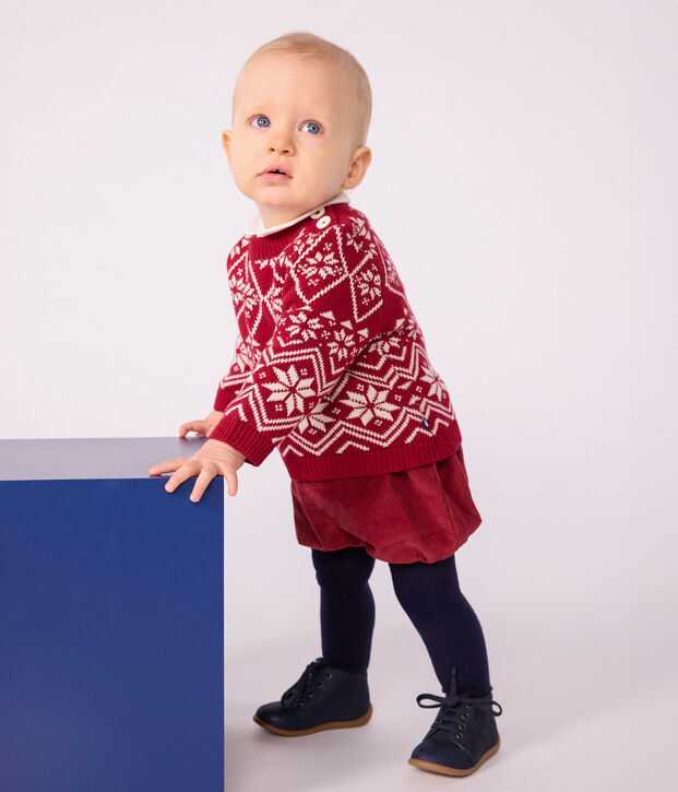 Baby-Pullover aus Wolle und Baumwolle mit Muster rot/naturfarben