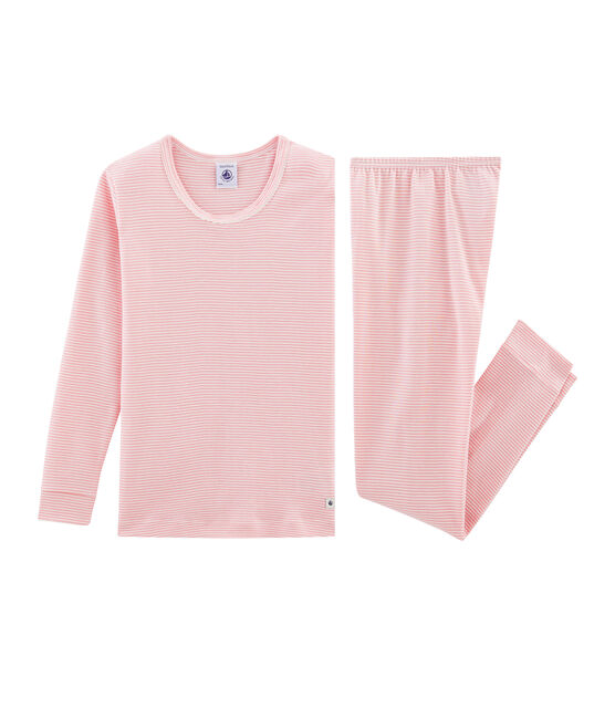 Sehr eng anliegender Rippstrick-Pyjama für kleine Mädchen rosa CHARME/weiss MARSHMALLOW