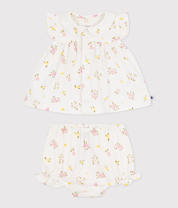 2-teiliges Baby-Set aus Baumwolle, Bluse und Bloomer mit Blumenmuster weiss/vielfarbig