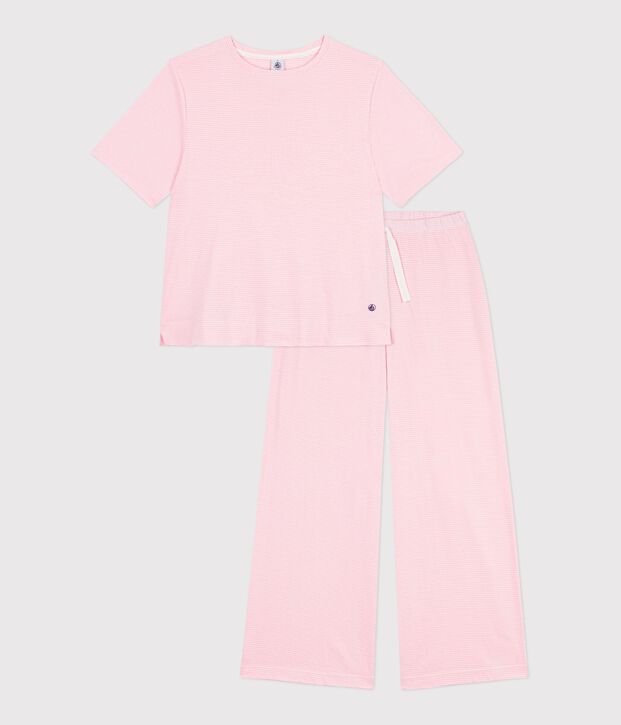 Damen-Pyjama aus Baumwolle mit weiten Beinen und Streifen rosa/weiss