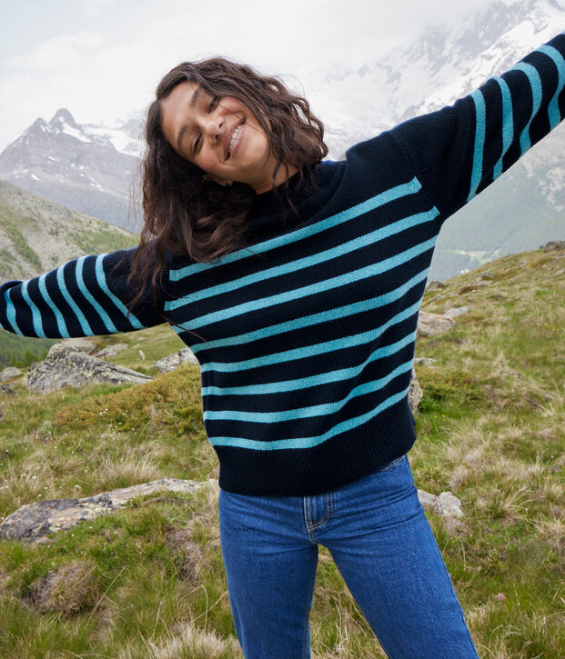 Damenpullover aus Wolle mit Matrosenmuster blau/blau