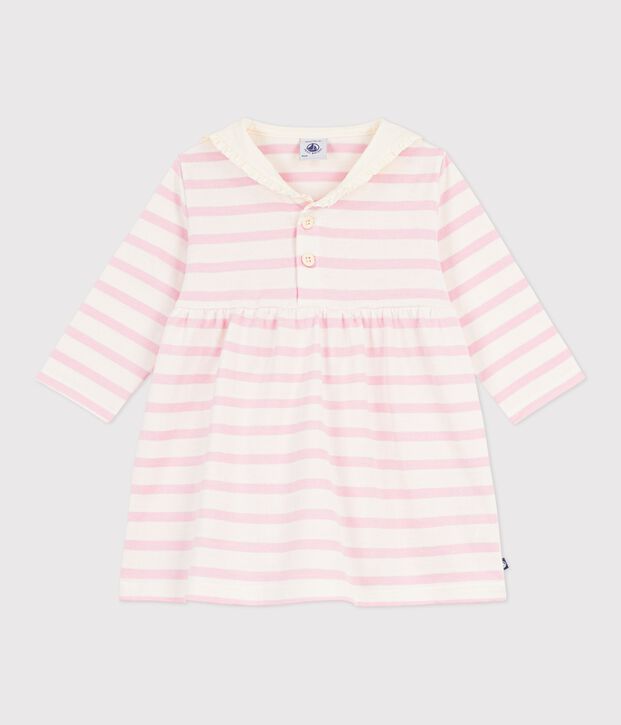 Lang&auml;rmeliges Baby-Kleid aus Baumwolle mit Matrosenstreifen und Matrosenkragen rosa/rosa