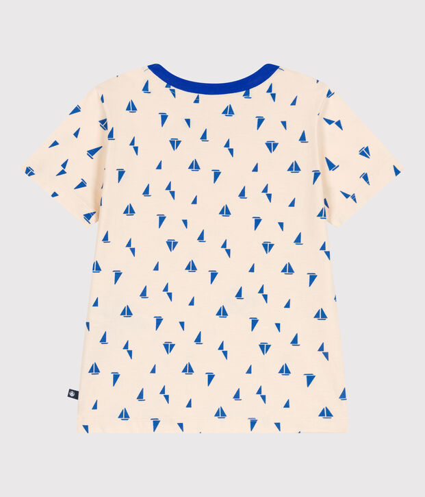 Kurz&auml;rmeliges Kinder-T-Shirt aus bedruckter Baumwolle naturfarben/blau