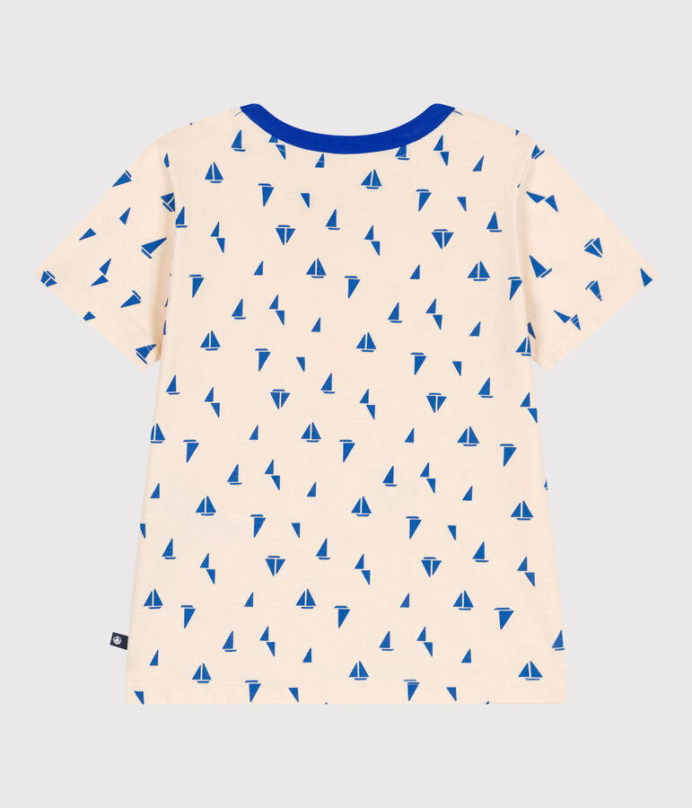 Kurz&auml;rmeliges Kinder-T-Shirt aus bedruckter Baumwolle naturfarben/blau