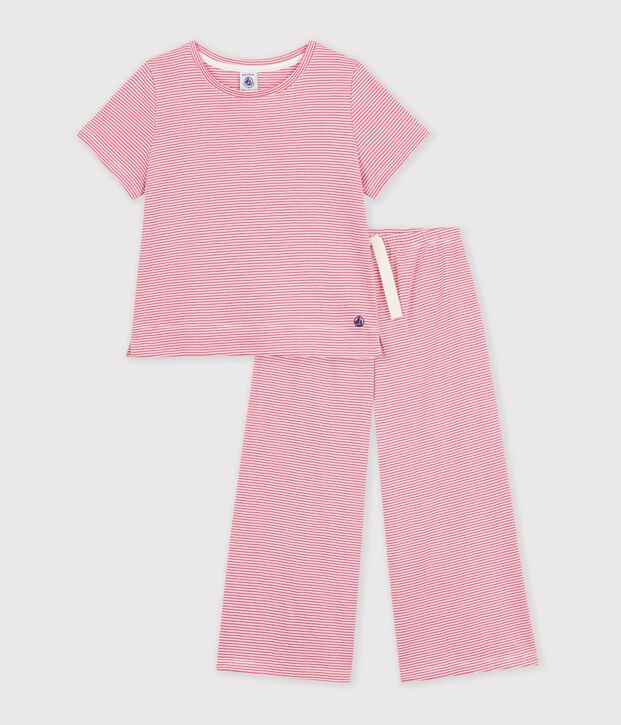 Kinder-Pyjama aus Baumwolle mit weiten Beinen und Streifen rosa/weiss