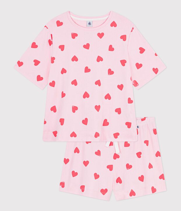 Damen-Kurzpyjama aus Baumwolle mit Herzmotiv rosa/orange