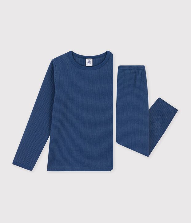 Pyjama  en c&ocirc;te d&eacute;saiguill&eacute;e  manches longues uni blau