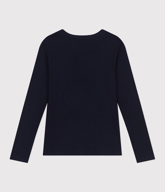 Langärmeliges Damen-T-Shirt mit Kragen mit Knopfleiste im einfarbigen Nadelzug-Strick blau SMOKING
