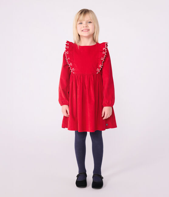 Langärmeliges Kinder-Kleid aus einfarbigem Fein-Cord. rot TERKUIT