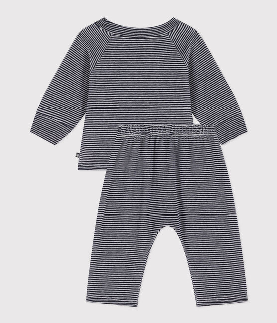 Gestreifte Baby-Kombination aus Samt blau SMOKING/weiss MARSHMALLOW
