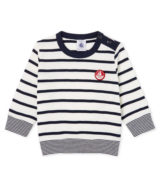 Langärmeliges Baby-T-Shirt mit Streifen für Jungen weiss MARSHMALLOW/blau SMOKING