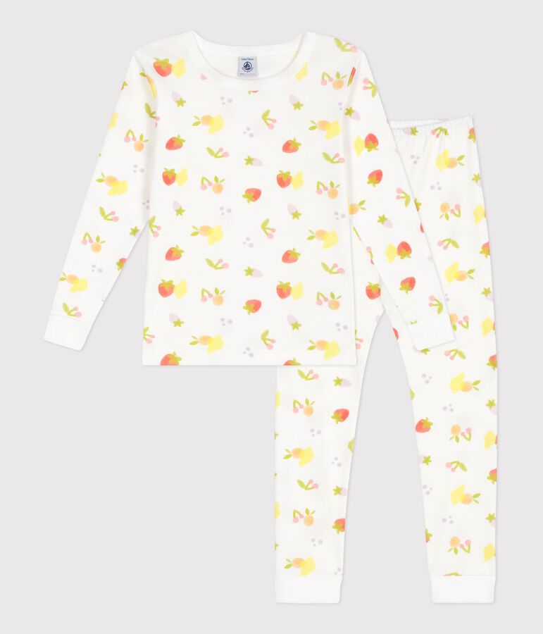 Eng anliegender Kinder-Pyjama aus Baumwolle mit Fruchtmotiv weiss MARSHMALLOW/weiss MULTICO