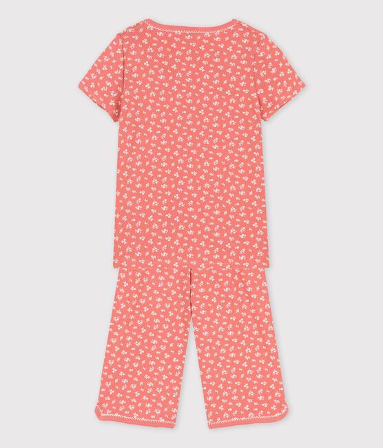 Kurzärmeliger Kinderpyjama aus Bio-Baumwolle mit Blumenmuster für Mädchen rosa PAPAYE/ MARSHMALLOW