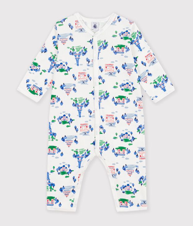 Baby-Baumwollpyjama ohne F&uuml;&szlig;e mit Paris-Print weiss/vielfarbig