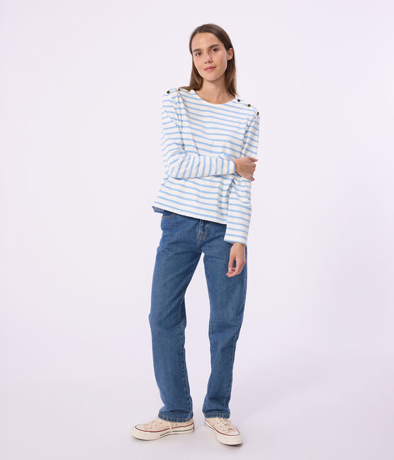 Damen-Shirt Marinière aus Baumwolle mit Streifen blau MARSHMALLOW/ FLO